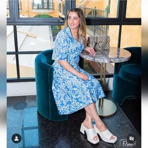 Zara Blue White Floral Printed Linen Blend Coastal Button Up Midi Dress‎ Size L